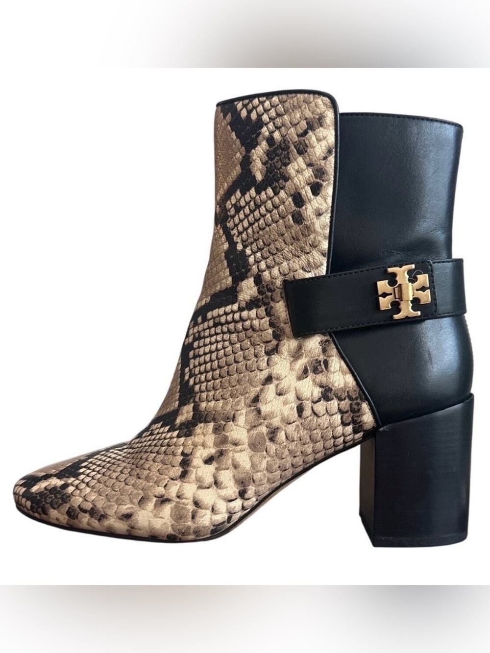 Tory Burch Kira 70mm Snake Print Leather Turnlock Booties Black Size 9